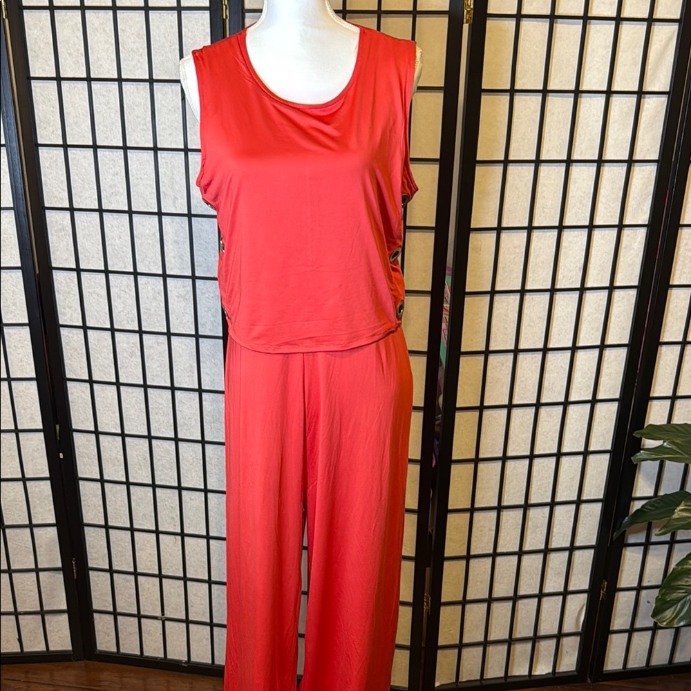 Elegant Red Jumpsuit with Draped Neckline and Wide-Legged Fit